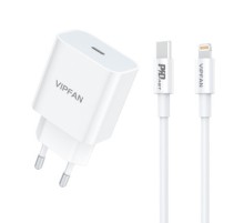 Wall charger VFAN E04, USB-C, 20W, QC 3.0 + Lightning cable (white)