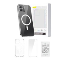 Phone case Baseus Magnetic Crystal Clear for iPhone 12 (transparent) with all-tempered-glass screen protector and cleaning kit