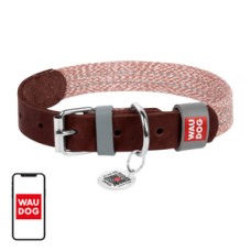 Dog collar made of natural leather and recycled material with QR code Waudog size S, width 15 mm, brown