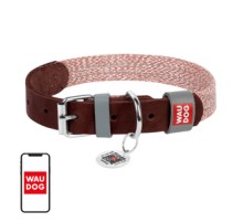 Dog collar made of natural leather and recycled material with QR code Waudog size M, width 20 mm, brown