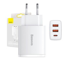 Ładowarka sieciowa Baseus Compact Quick Charger, 2xUSB, USB-C, PD, 3A, 30W (biała)