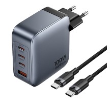 Vention power charger 3x USB-C, 1x USB-A, (100W/100W/30W/30W) (grey) with USB-C to USB-C cable (1m) (black)