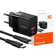 Wall charger Mcdodo CH-1952 USB + USB-C, 20W + USB-C to Lightning cable (black) Wall charger Mcdodo CH-1952 USB + USB-C, 20W + USB-C to Lightning cable (black)