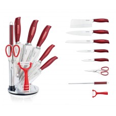 Royalty Line RL-KSS530: 9 Piece Knife Set Block with Rotating Holder - Red