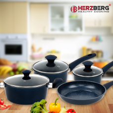 Herzberg HG-04685BLU: 7 Pieces Marble Coated Cast Iron Cookware Set - Blue Herzberg HG-04685BLU: 7 Pieces Marble Coated Cast Iron Cookware Set - Blue