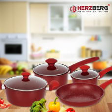Herzberg HG-04715RED: 7 Pieces Marble Coated Cast Iron Cookware Set - Red Herzberg HG-04715RED: 7 Pieces Marble Coated Cast Iron Cookware Set - Red