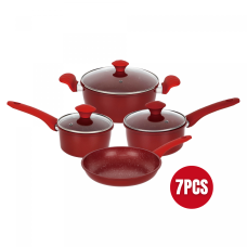 Herzberg HG-04715RED: 7 Pieces Marble Coated Cast Iron Cookware Set - Red Herzberg HG-04715RED: 7 Pieces Marble Coated Cast Iron Cookware Set - Red