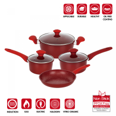 Herzberg HG-04715RED: 7 Pieces Marble Coated Cast Iron Cookware Set - Red Herzberg HG-04715RED: 7 Pieces Marble Coated Cast Iron Cookware Set - Red