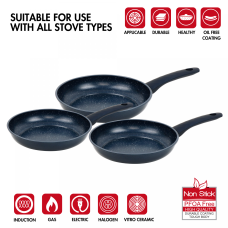 Herzberg HG-04777BLU: 3 Pieces Marble Coated Forged Frying Pan Set - Blue Herzberg HG-04777BLU: 3 Pieces Marble Coated Forged Frying Pan Set - Blue