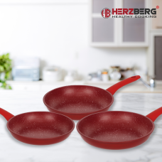Herzberg HG-04807RED: 3 Pieces Marble Coated Forged Frying Pan Set - Red Herzberg HG-04807RED: 3 Pieces Marble Coated Forged Frying Pan Set - Red