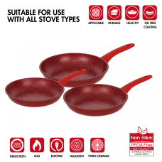 Herzberg HG-04807RED: 3 Pieces Marble Coated Forged Frying Pan Set - Red Herzberg HG-04807RED: 3 Pieces Marble Coated Forged Frying Pan Set - Red