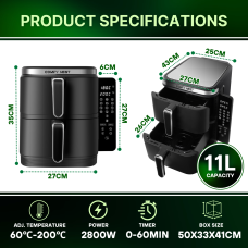 Comfy Nest CN-06177: 2800W Double Basket Air Fryer with Digital Folding Side Panel - 11L Comfy Nest CN-06177: 2800W Double Basket Air Fryer with Digital Folding Side Panel - 11L