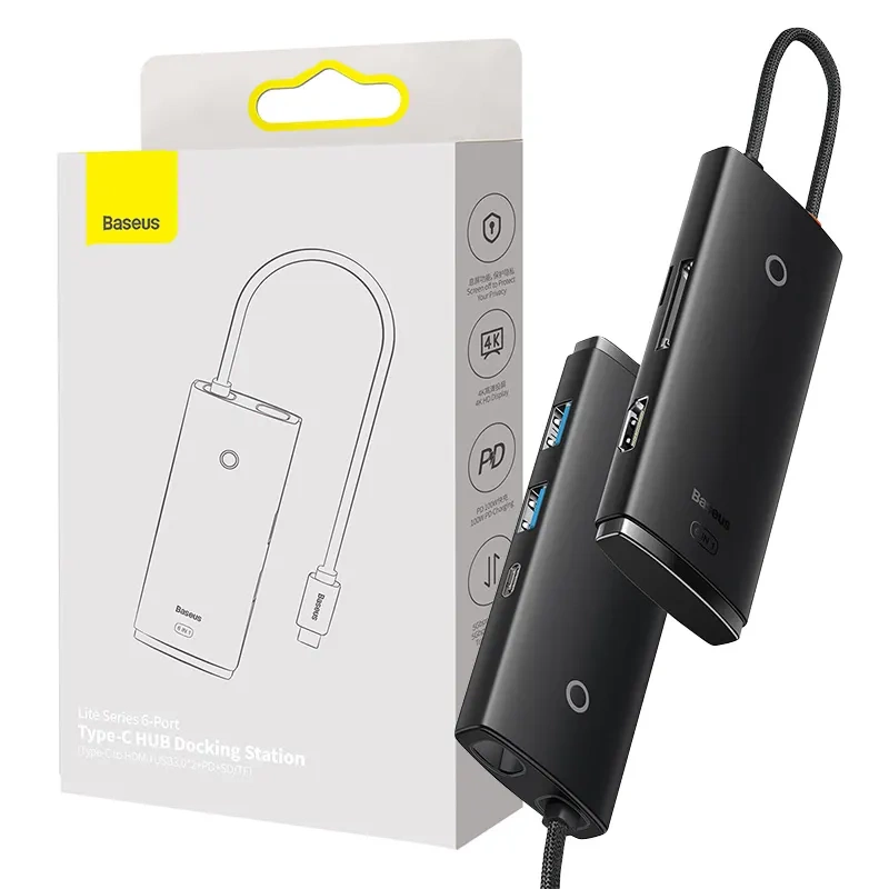 Hub 6w1 Baseus Lite Series USB-C to 2x USB 3.0 + USB-C PD + HDMI + SD/TF (black) Hub 6w1 Baseus Lite Series USB-C to 2x USB 3.0 + USB-C PD + HDMI + SD/TF (black)