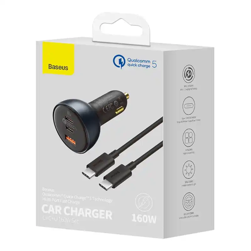 Car Charger Baseus Qualcomm, USB, 2x USB-C, 160W (Grey) Car Charger Baseus Qualcomm, USB, 2x USB-C, 160W (Grey)