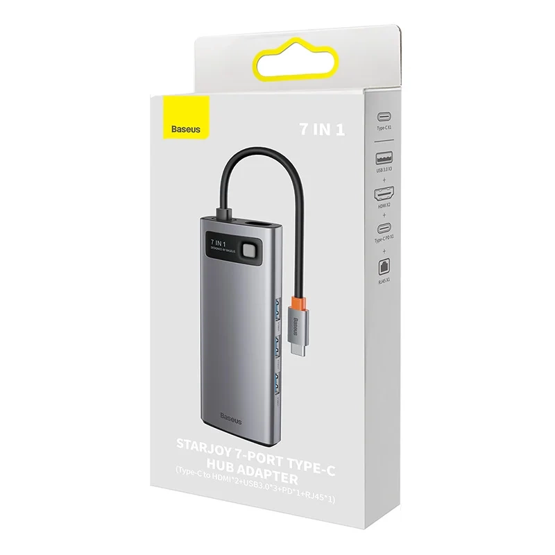 Hub 7in1 Baseus Metal Gleam Series, USB-C to 3x USB 3.0 + 2x HDMI + USB-C PD + Ethernet RJ45 Hub 7in1 Baseus Metal Gleam Series, USB-C to 3x USB 3.0 + 2x HDMI + USB-C PD + Ethernet RJ45