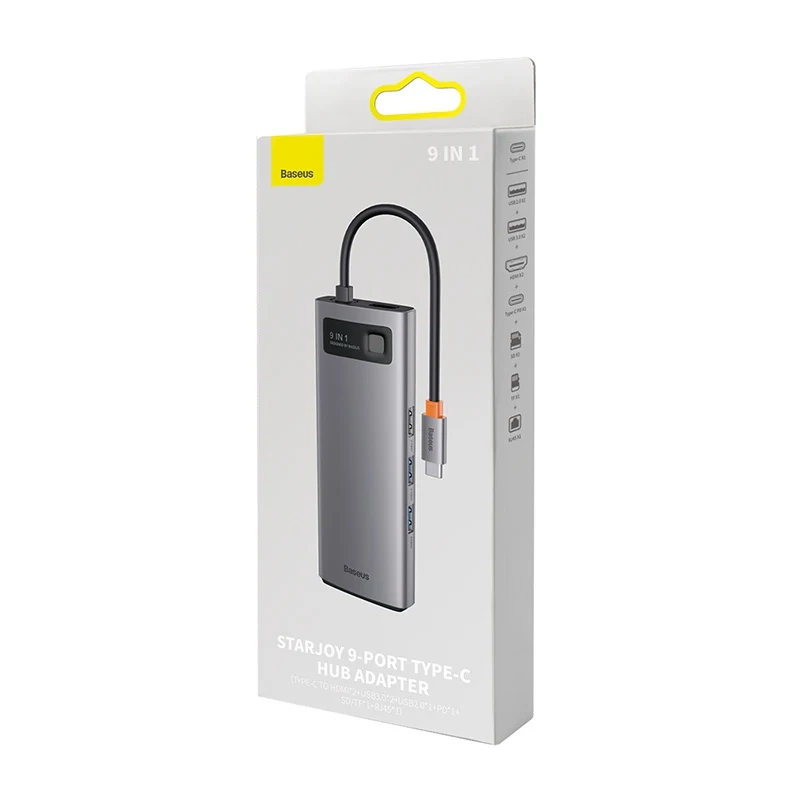 Hub 9in1 Baseus Metal Gleam Series, USB-C to 2x USB 3.0 + 2x HDMI + USB 2.0 + USB-C PD + Ethernet RJ45 + microSD/SD