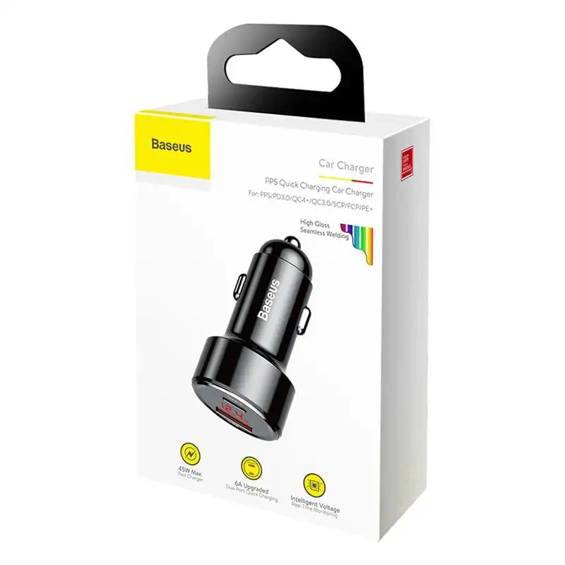 Ładowarka samochodowa Baseus Magic USB + USB-C QC 4.0 PD 45W (czarna) Ładowarka samochodowa Baseus Magic USB + USB-C QC 4.0 PD 45W (czarna)