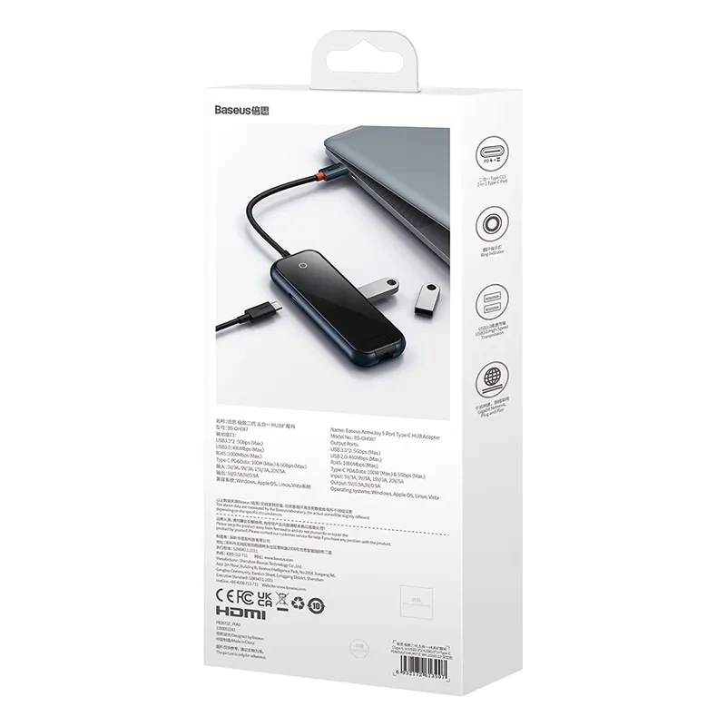 Hub 5in1 Baseus AcmeJoy series USB-C to 2xUSB 3.0 + USB 2.0 + USB-C PD + RJ45 (dark grey) Hub 5in1 Baseus AcmeJoy series USB-C to 2xUSB 3.0 + USB 2.0 + USB-C PD + RJ45 (dark grey)