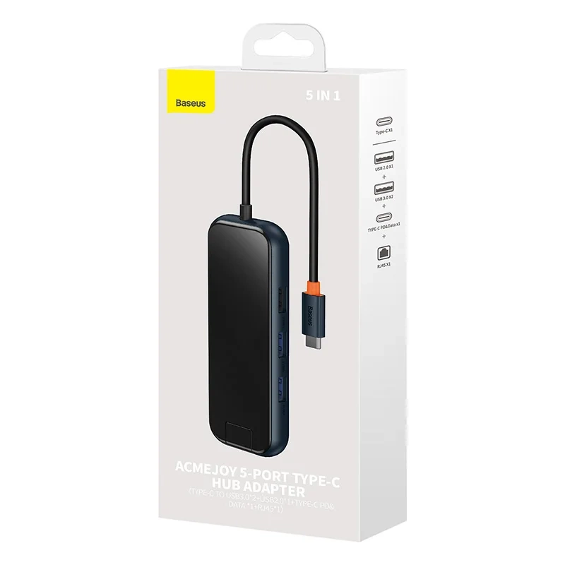 Hub 5in1 Baseus AcmeJoy series USB-C to 2xUSB 3.0 + USB 2.0 + USB-C PD + RJ45 (dark grey) Hub 5in1 Baseus AcmeJoy series USB-C to 2xUSB 3.0 + USB 2.0 + USB-C PD + RJ45 (dark grey)
