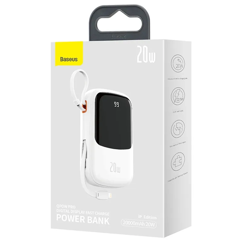 Powerbank Baseus Qpow PRO with Lightning cable, USB-C port and USB 20000mAh, 20W (White)