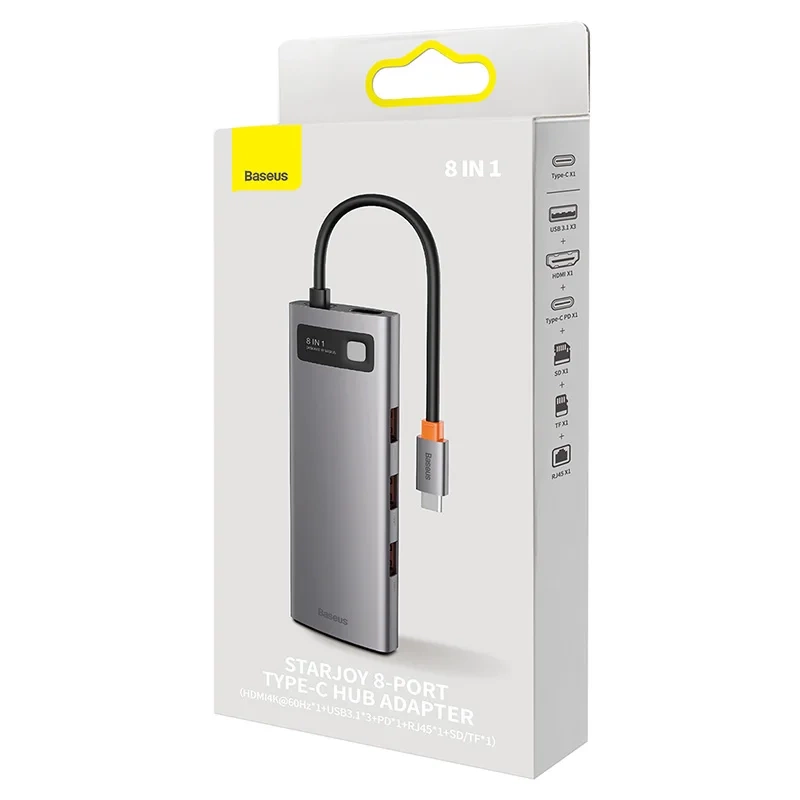 Hub 8in1 Baseus StarJoy Series, USB-C to 3x USB 3.1 + HDMI + USB-C PD + RJ45 + microSD/SD Hub 8in1 Baseus StarJoy Series, USB-C to 3x USB 3.1 + HDMI + USB-C PD + RJ45 + microSD/SD