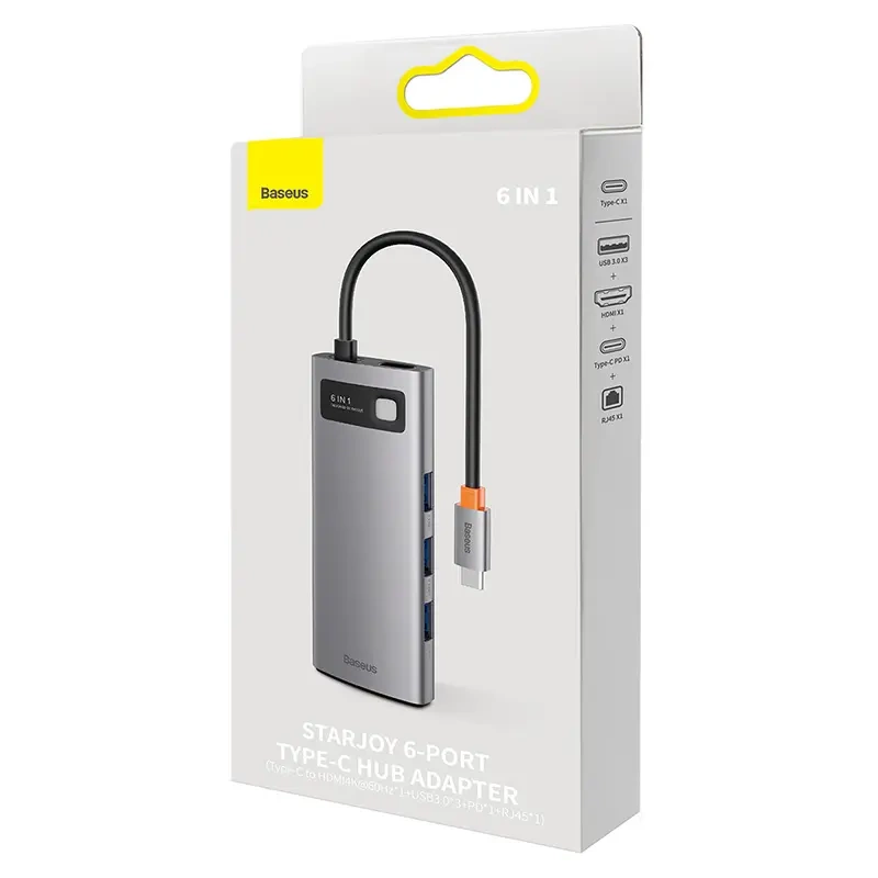Hub 6in1 Baseus StarJoy Series, USB-C to 3x USB 3.0 + HDMI + USB-C PD + RJ45 Hub 6in1 Baseus StarJoy Series, USB-C to 3x USB 3.0 + HDMI + USB-C PD + RJ45