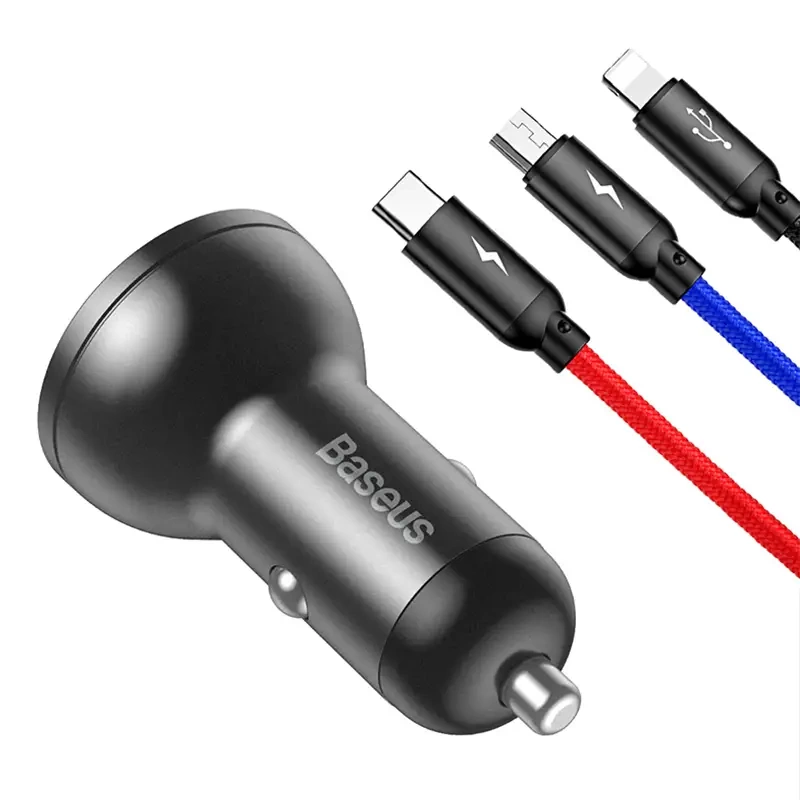 Ładowarka samochodowa Baseus z wyświetlaczem 24W + kabel USB 3w1 Baseus Three Primary Colors 1,2m Ładowarka samochodowa Baseus z wyświetlaczem 24W + kabel USB 3w1 Baseus Three Primary Colors 1,2m