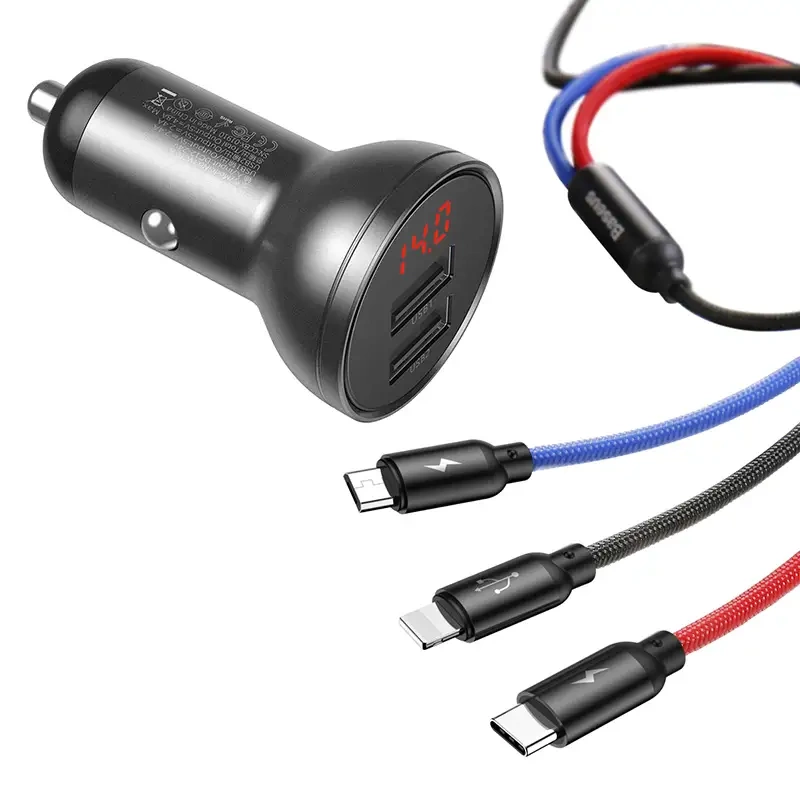 Ładowarka samochodowa Baseus z wyświetlaczem 24W + kabel USB 3w1 Baseus Three Primary Colors 1,2m Ładowarka samochodowa Baseus z wyświetlaczem 24W + kabel USB 3w1 Baseus Three Primary Colors 1,2m
