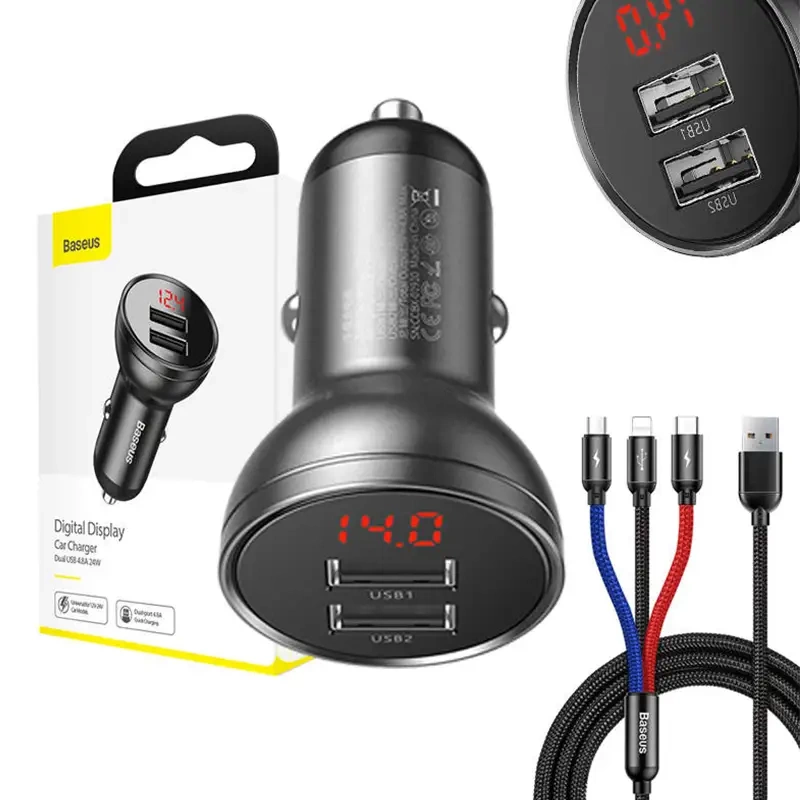 Ładowarka samochodowa Baseus z wyświetlaczem 24W + kabel USB 3w1 Baseus Three Primary Colors 1,2m Ładowarka samochodowa Baseus z wyświetlaczem 24W + kabel USB 3w1 Baseus Three Primary Colors 1,2m