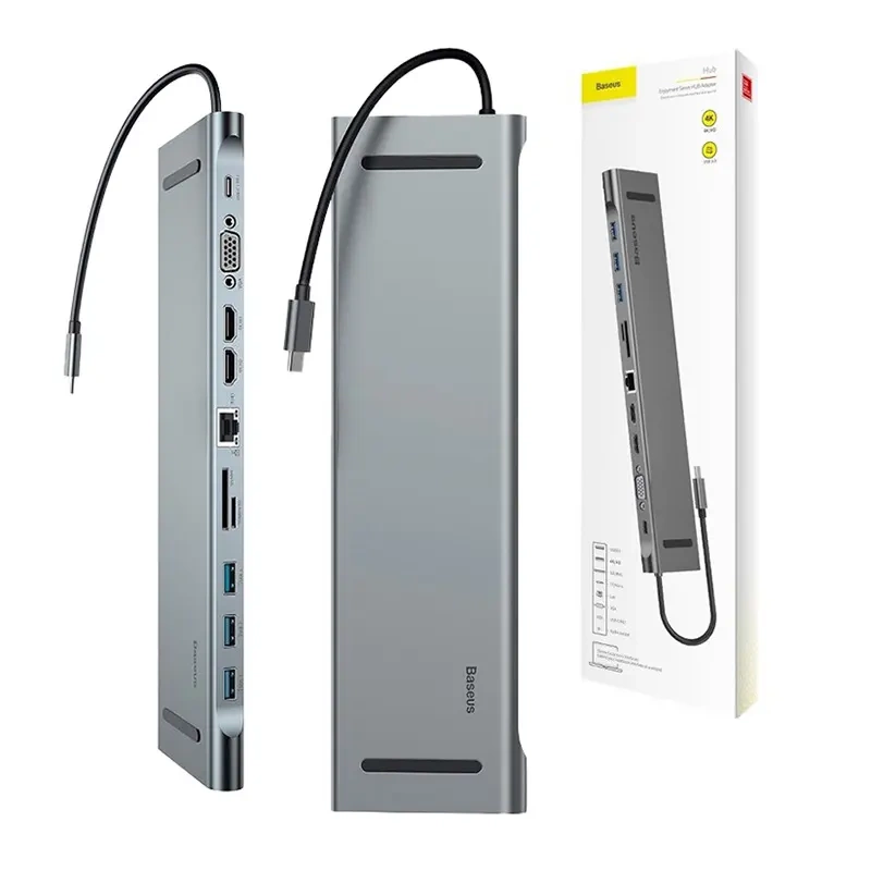 Baseus Enjoyment Series Multi-functional Type-C intelligent HD HUB(PD/HD4K*2/VGA/RJ45/SD/TF/USB*3/Audio*1/Stand)Dark gray Baseus Enjoyment Series Multi-functional Type-C intelligent HD HUB(PD/HD4K*2/VGA/RJ45/SD/TF/USB*3/Audio*1/Stand)Dark gray