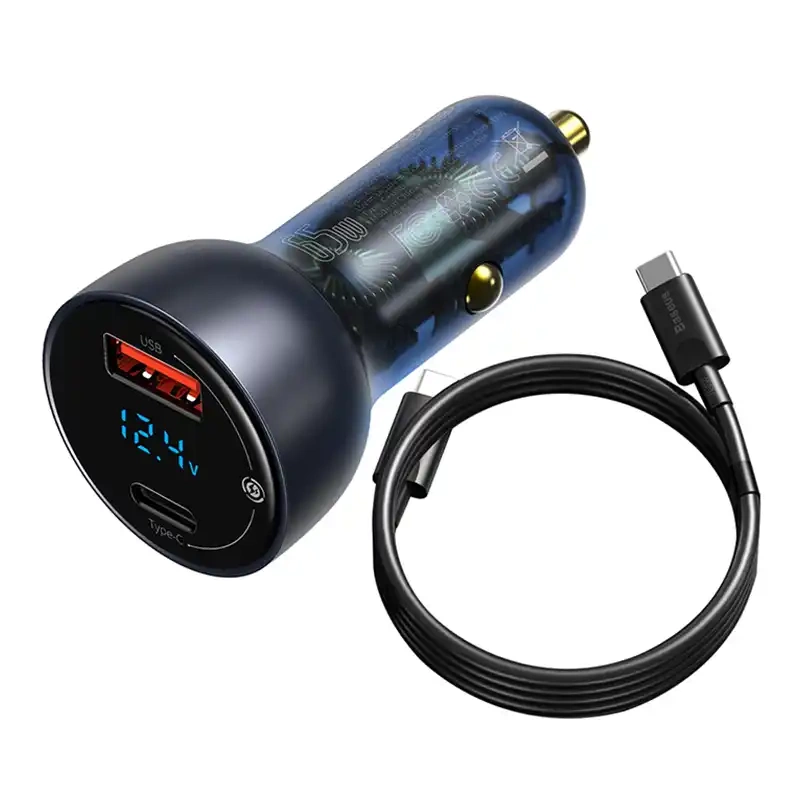Ładowarka samochodowa Baseus Particular Digital Display z wyświetlaczem, USB + USB-C, QC3.0+PD, 5A, 65W (szara) + kabel USB-C 1m 100W (czarny) Ładowarka samochodowa Baseus Particular Digital Display z wyświetlaczem, USB + USB-C, QC3.0+PD, 5A, 65W (szara) + kabel USB-C 1m 100W (czarny)