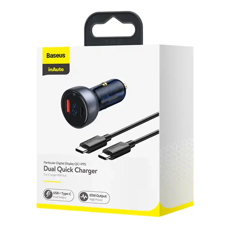 Ładowarka samochodowa Baseus Particular Digital Display z wyświetlaczem, USB + USB-C, QC3.0+PD, 5A, 65W (szara) + kabel USB-C 1m 100W (czarny) Ładowarka samochodowa Baseus Particular Digital Display z wyświetlaczem, USB + USB-C, QC3.0+PD, 5A, 65W (szara) + kabel USB-C 1m 100W (czarny)