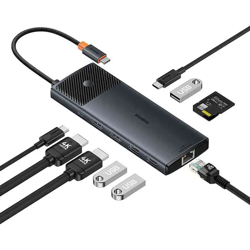 Adapter Hub 10in1 Baseus USB-C - 2xHDMI, 3xUSB-A, USB-C, RJ45, SD/TF, PD (black) Adapter Hub 10in1 Baseus USB-C - 2xHDMI, 3xUSB-A, USB-C, RJ45, SD/TF, PD (black)