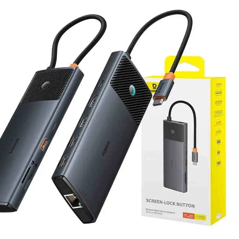 Adapter Hub 10in1 Baseus USB-C - 2xHDMI, 3xUSB-A, USB-C, RJ45, SD/TF, PD (black) Adapter Hub 10in1 Baseus USB-C - 2xHDMI, 3xUSB-A, USB-C, RJ45, SD/TF, PD (black)