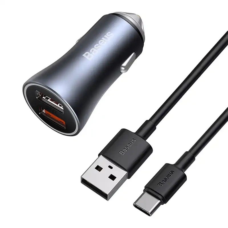 Ładowarka samochodowa Baseus Golden Contactor Pro, 2x USB, 40W (szara) + kabel USB do USB-C 1m (czarny)