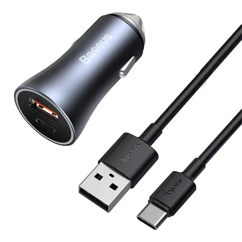 Ładowarka samochodowa Baseus Golden Contactor Pro, USB + USB-C, QC4.0+, PD, SCP, 40W (szara) + kabel USB do USB-C 1m (czarny) Ładowarka samochodowa Baseus Golden Contactor Pro, USB + USB-C, QC4.0+, PD, SCP, 40W (szara) + kabel USB do USB-C 1m (czarny)