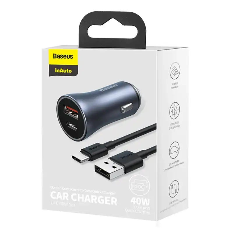 Ładowarka samochodowa Baseus Golden Contactor Pro, USB + USB-C, QC4.0+, PD, SCP, 40W (szara) + kabel USB do USB-C 1m (czarny) Ładowarka samochodowa Baseus Golden Contactor Pro, USB + USB-C, QC4.0+, PD, SCP, 40W (szara) + kabel USB do USB-C 1m (czarny)