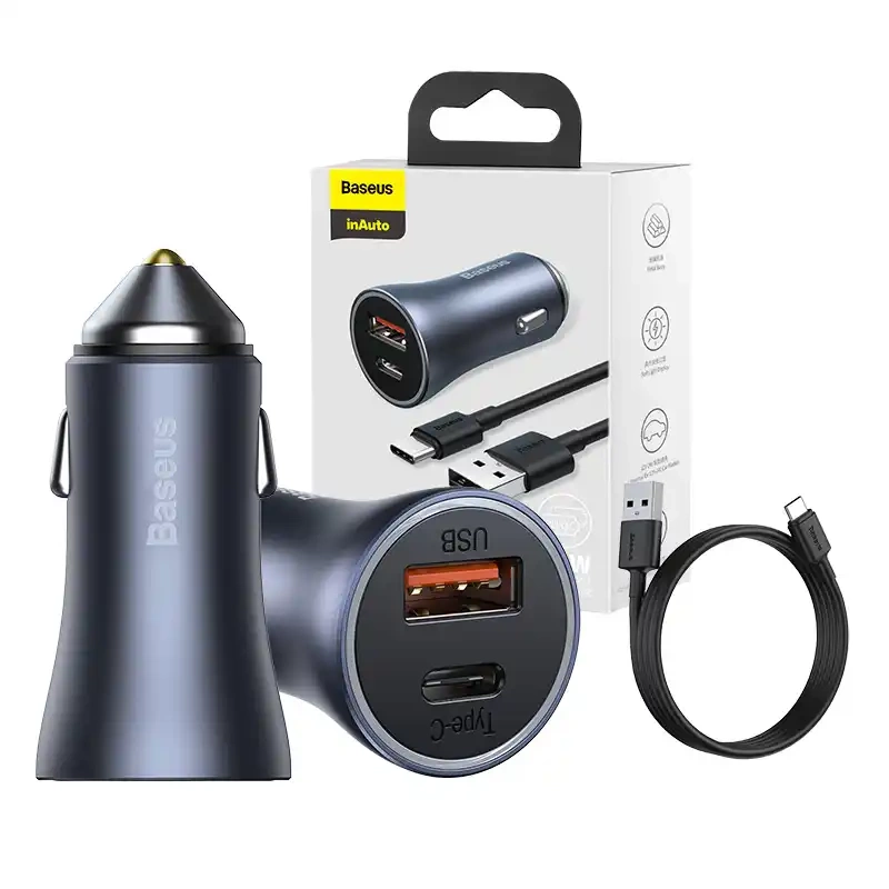 Ładowarka samochodowa Baseus Golden Contactor Pro, USB + USB-C, QC4.0+, PD, SCP, 40W (szara) + kabel USB do USB-C 1m (czarny) Ładowarka samochodowa Baseus Golden Contactor Pro, USB + USB-C, QC4.0+, PD, SCP, 40W (szara) + kabel USB do USB-C 1m (czarny)