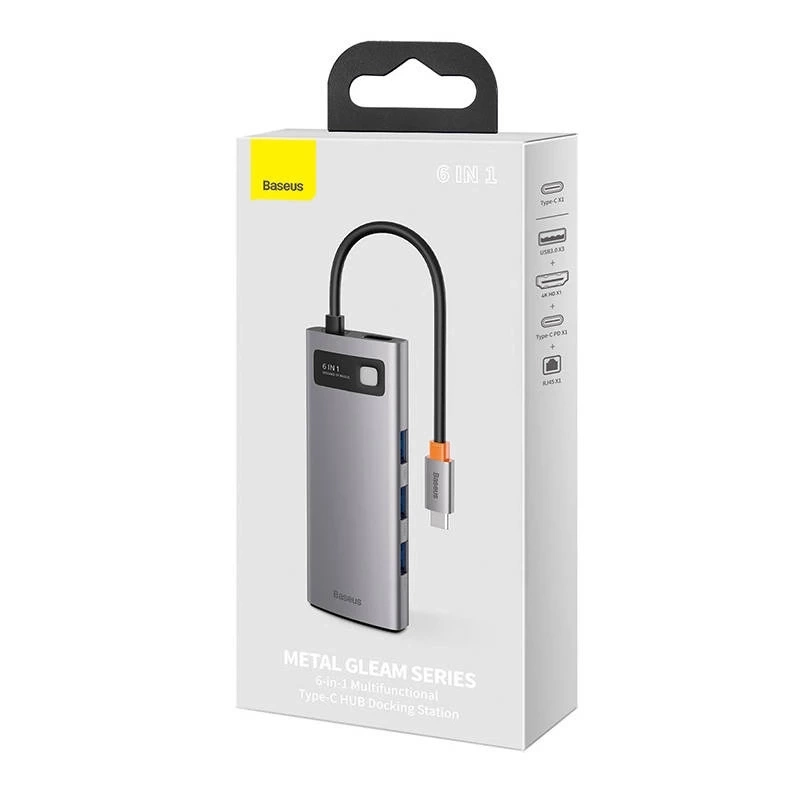 Hub 6in1 Baseus Metal Gleam Series, USB-C to 3x USB 3.0 + HDMI + USB-C PD + Ethernet RJ45 Hub 6in1 Baseus Metal Gleam Series, USB-C to 3x USB 3.0 + HDMI + USB-C PD + Ethernet RJ45