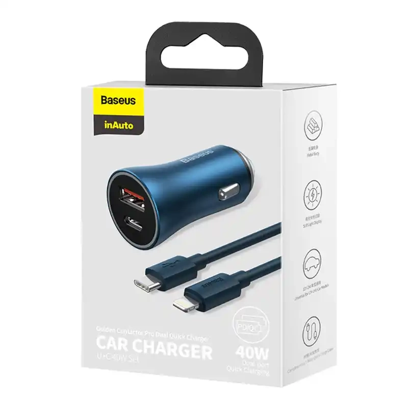 Baseus Golden Contactor Pro car charger, USB + USB-C, QC4.0+, PD, SCP, 40W (blue) + USB-C - Lightning cable 1m (blue) Baseus Golden Contactor Pro car charger, USB + USB-C, QC4.0+, PD, SCP, 40W (blue) + USB-C - Lightning cable 1m (blue)