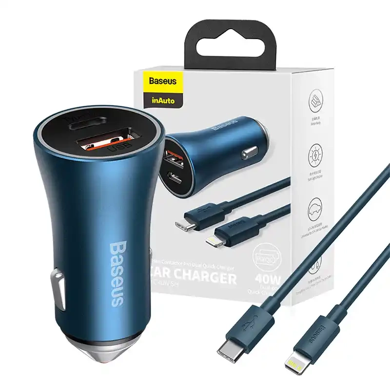 Baseus Golden Contactor Pro car charger, USB + USB-C, QC4.0+, PD, SCP, 40W (blue) + USB-C - Lightning cable 1m (blue) Baseus Golden Contactor Pro car charger, USB + USB-C, QC4.0+, PD, SCP, 40W (blue) + USB-C - Lightning cable 1m (blue)