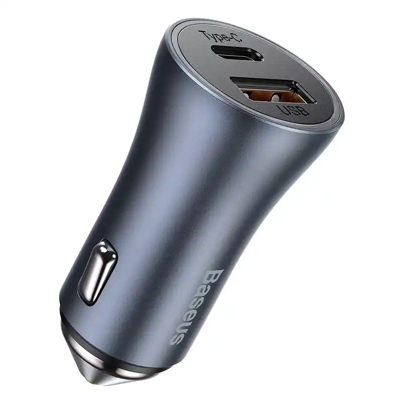 Ładowarka samochodowa Baseus Golden Contactor Pro, USB + USB-C, QC4.0+, PD, SCP, 40W (szara) + kabel USB-C do iP 1m (czarny) Ładowarka samochodowa Baseus Golden Contactor Pro, USB + USB-C, QC4.0+, PD, SCP, 40W (szara) + kabel USB-C do iP 1m (czarny)