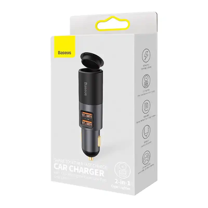 Baseus Share Together Fast Charge Car Charger with Cigarette Lighter Expansion Port, 2x USB, 120W (Gray) Baseus Share Together Fast Charge Car Charger with Cigarette Lighter Expansion Port, 2x USB, 120W (Gray)