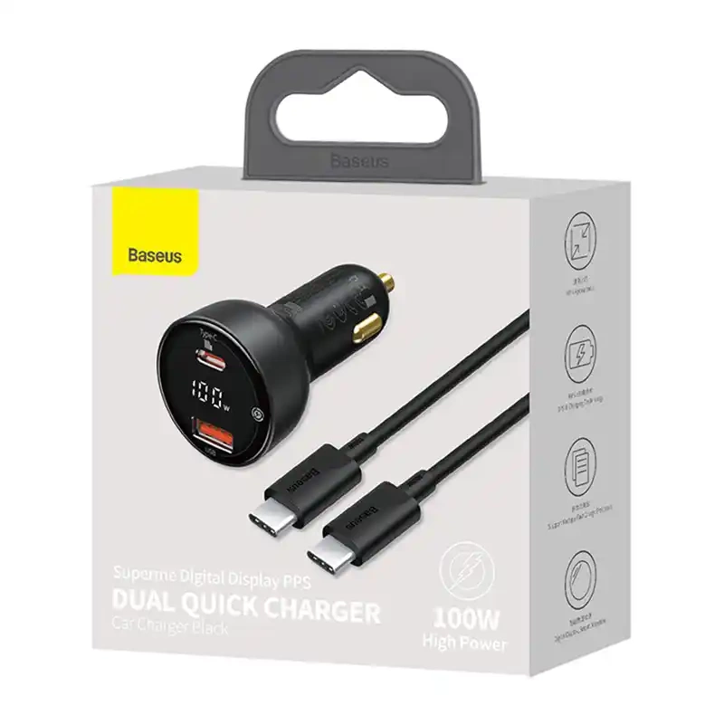 Car charger Baseus Superme, USB, USB-C, 100W + USB-C cable (black) Car charger Baseus Superme, USB, USB-C, 100W + USB-C cable (black)