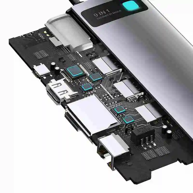 Hub 9in1 Baseus Metal Gleam Series, USB-C to 3x USB 3.0 + HDMI + USB-C PD + Ethernet RJ45 + microSD/SD + VGA Hub 9in1 Baseus Metal Gleam Series, USB-C to 3x USB 3.0 + HDMI + USB-C PD + Ethernet RJ45 + microSD/SD + VGA