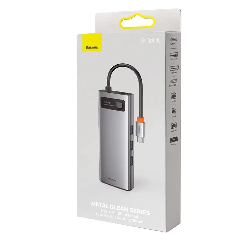 Hub 9in1 Baseus Metal Gleam Series, USB-C to 3x USB 3.0 + HDMI + USB-C PD + Ethernet RJ45 + microSD/SD + VGA Hub 9in1 Baseus Metal Gleam Series, USB-C to 3x USB 3.0 + HDMI + USB-C PD + Ethernet RJ45 + microSD/SD + VGA