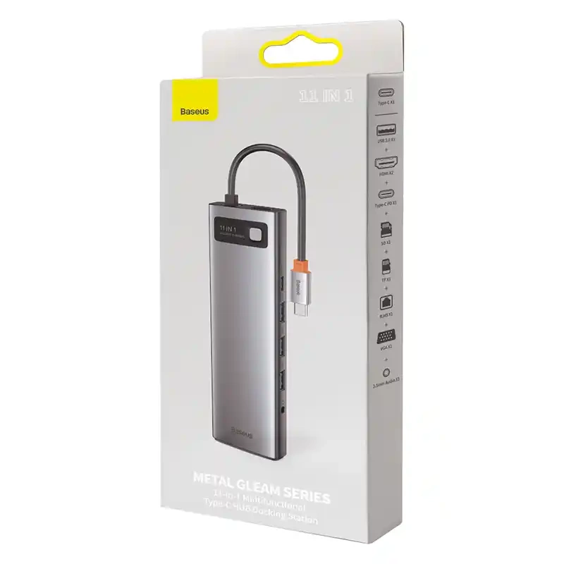 Hub 11in1 Baseus Metal Gleam Series, USB-C to 3x USB 3.0 + 2x HDMI + USB-C PD + Ethernet RJ45 + microSD/SD + VGA + AUX