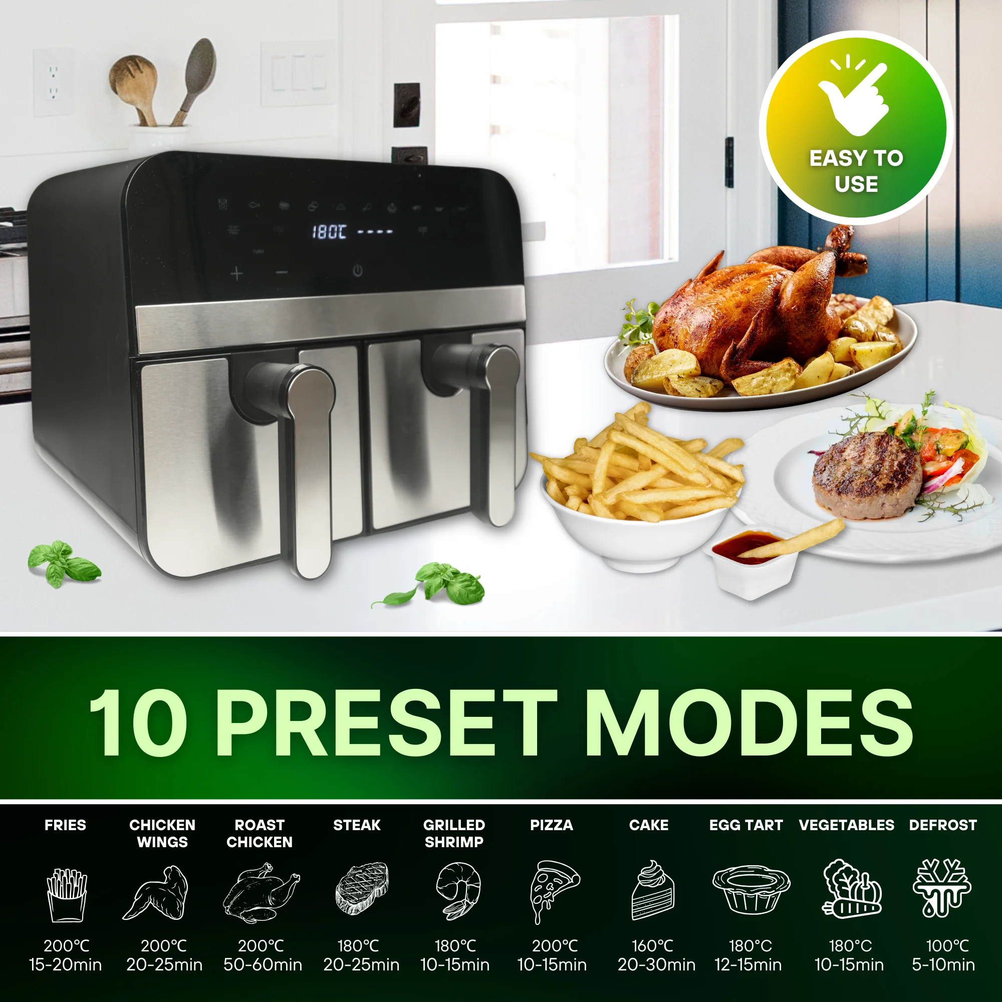 Comfy Nest CN-AFD45NS: 2400W Double Basket Digital S/S Airfryer - 9L Comfy Nest CN-AFD45NS: 2400W Double Basket Digital S/S Airfryer - 9L