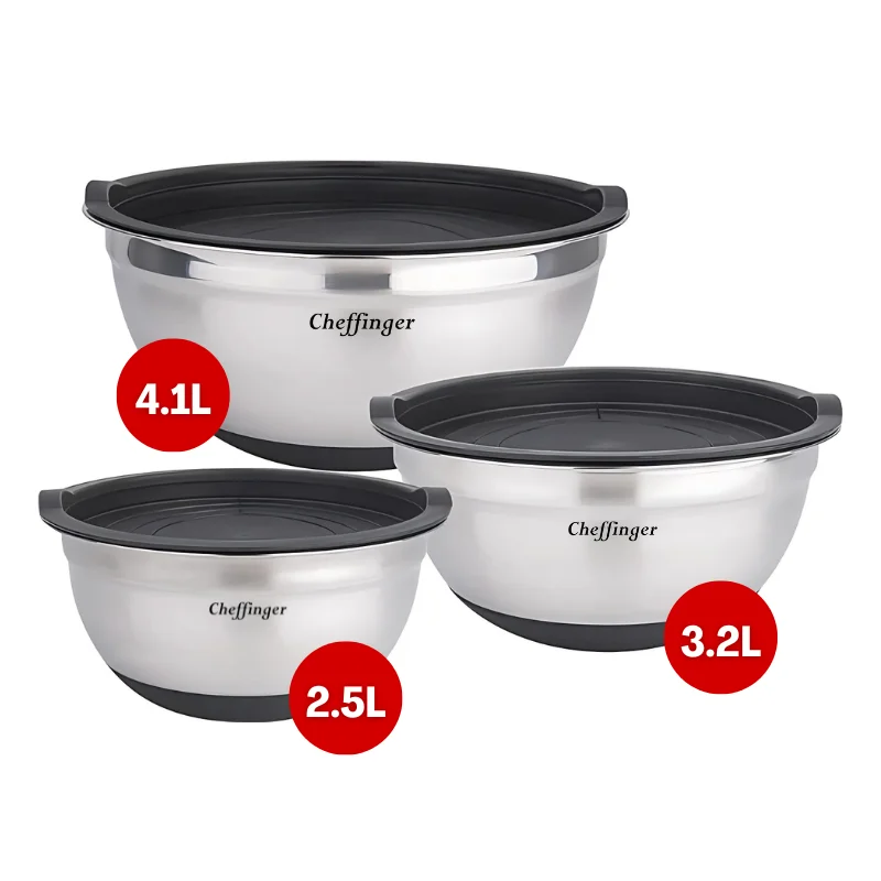 Cheffinger CF-MXB3S: 6-Piece Stainless Steel Mixing Bowl Set with Lids Cheffinger CF-MXB3S: 6-Piece Stainless Steel Mixing Bowl Set with Lids