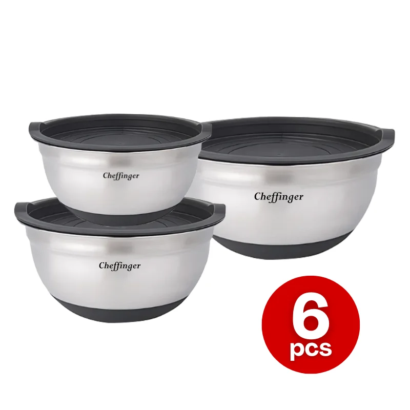 Cheffinger CF-MXB3S: 6-Piece Stainless Steel Mixing Bowl Set with Lids Cheffinger CF-MXB3S: 6-Piece Stainless Steel Mixing Bowl Set with Lids